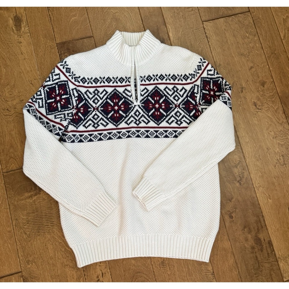 Vintage 90s IZOD Men's Fair Isle Quarter Zip Sweater Ivory Après Ski Nordic